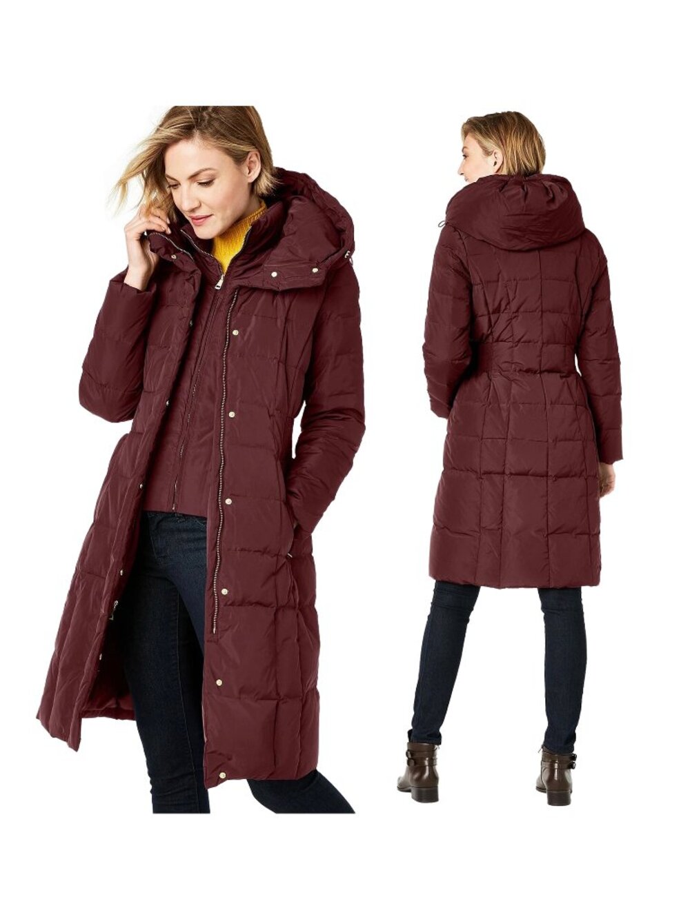 Cole Haan Jacket Womens S/P Merlot Taffeta Hooded Elastic Waist Down Puffer Coat